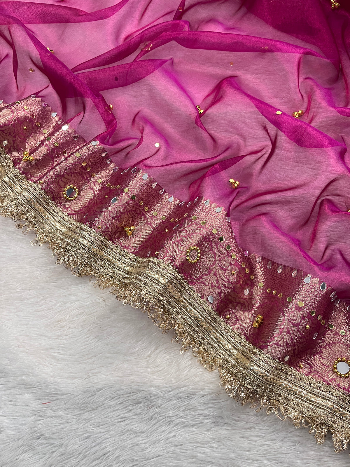 Rani Tissue Silk Saree With Ghungroo & Mirror Work Designer Border Lace Work