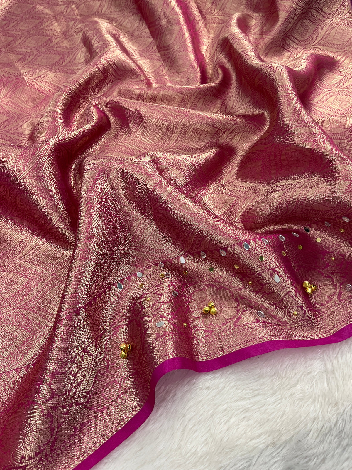 Rani Tissue Silk Saree With Ghungroo & Mirror Work Designer Border Lace Work