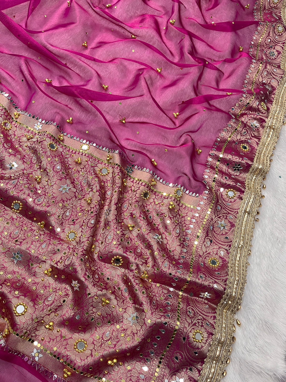 Magenta Pink Tissue Silk Saree With Ghungroo & Mirror Work Designer Border Lace Saree
