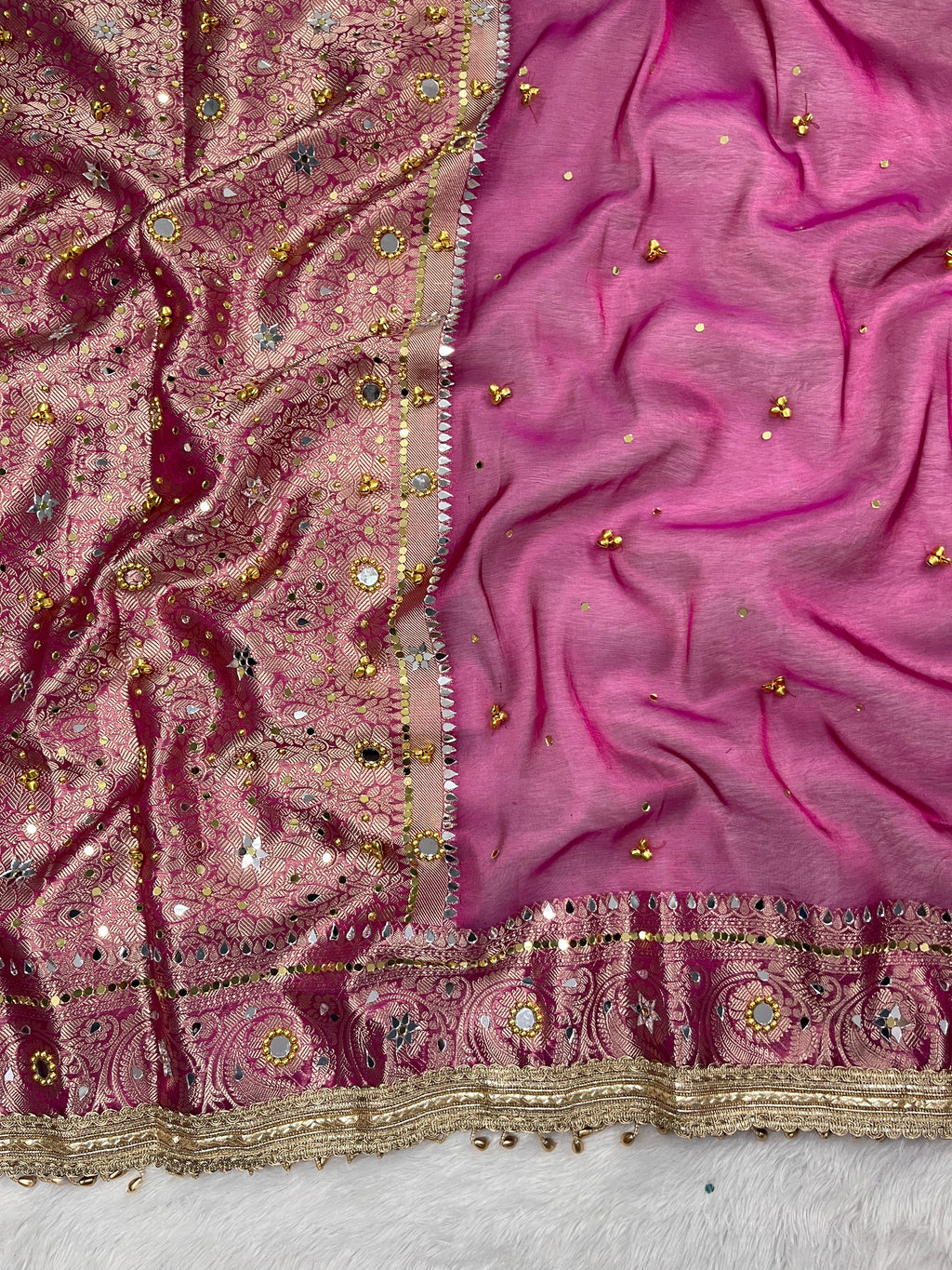 Magenta Pink Tissue Silk Saree With Ghungroo & Mirror Work Designer Border Lace Saree