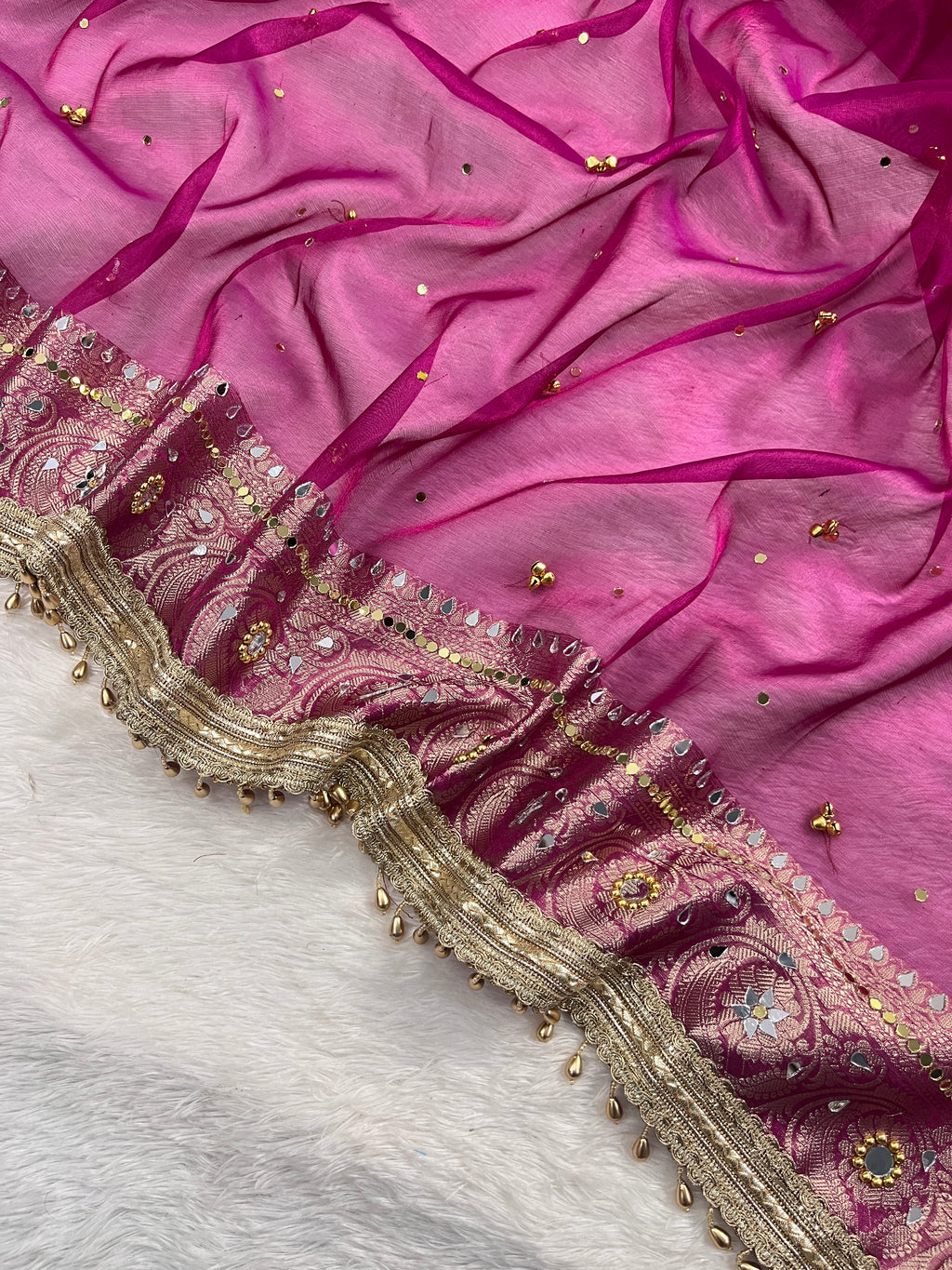 Magenta Pink Tissue Silk Saree With Ghungroo & Mirror Work Designer Border Lace Saree