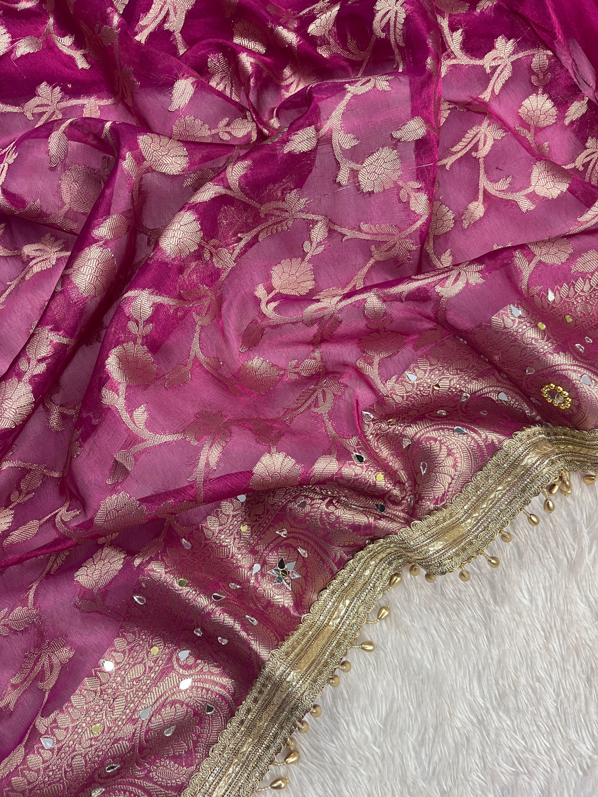 Magenta Pink Tissue Silk Saree With Ghungroo & Mirror Work Designer Border Lace Saree