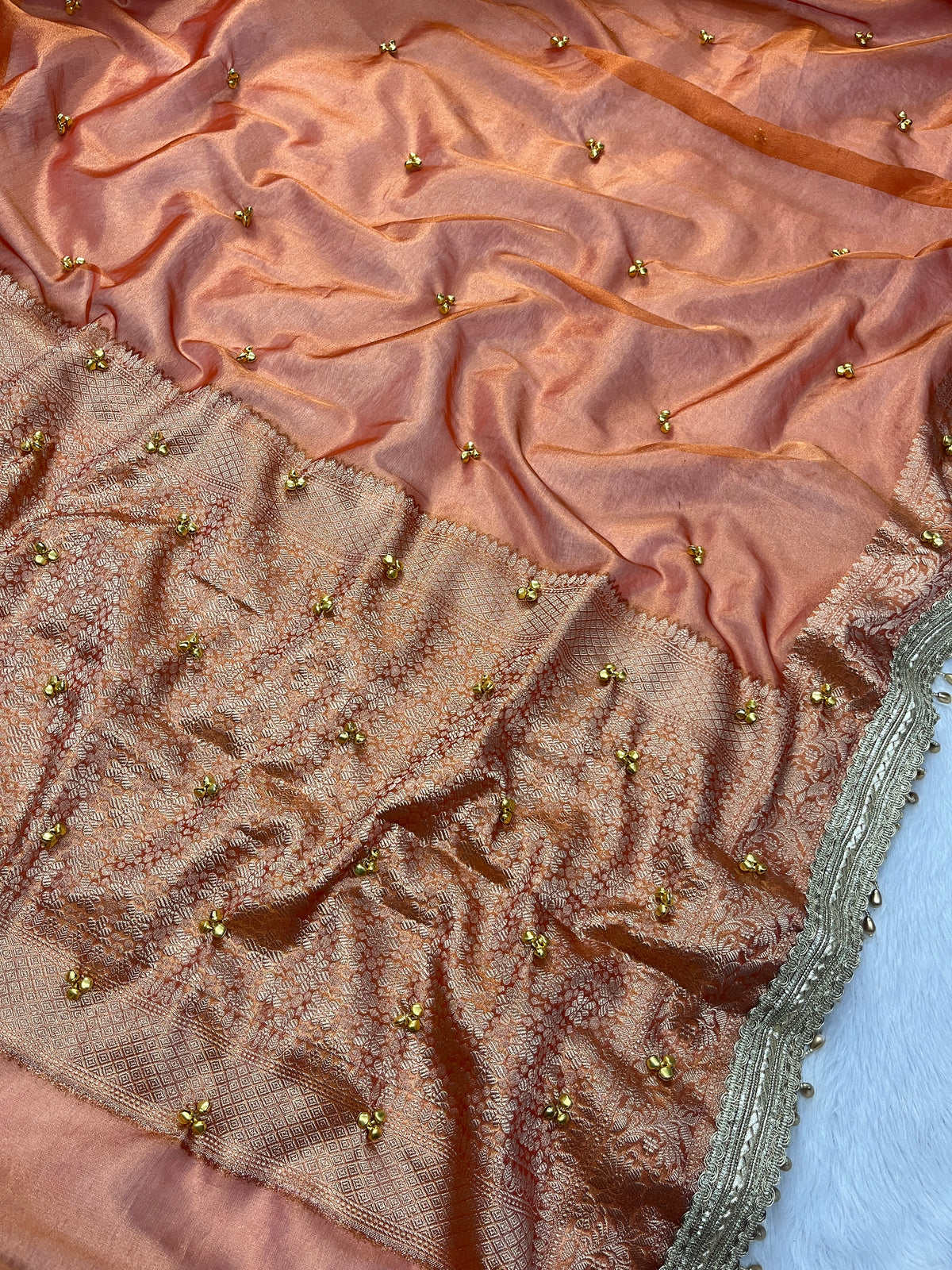 Orange Tissue Silk Saree With Ghungroo & Designer Border Lace Saree