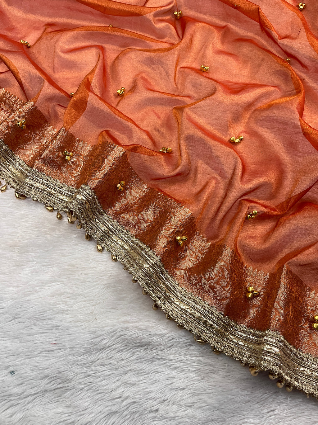 Orange Tissue Silk Saree With Ghungroo & Designer Border Lace Saree