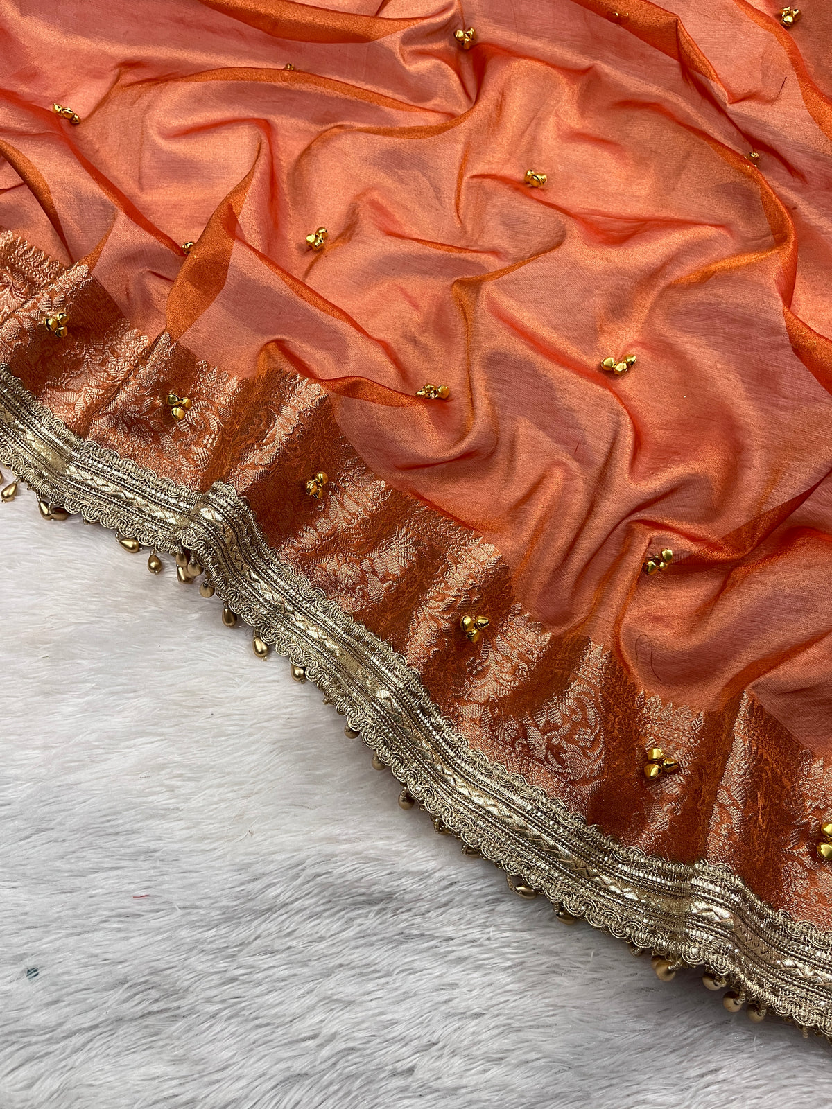 Orange Tissue Silk Saree With Ghungroo & Designer Border Lace Saree