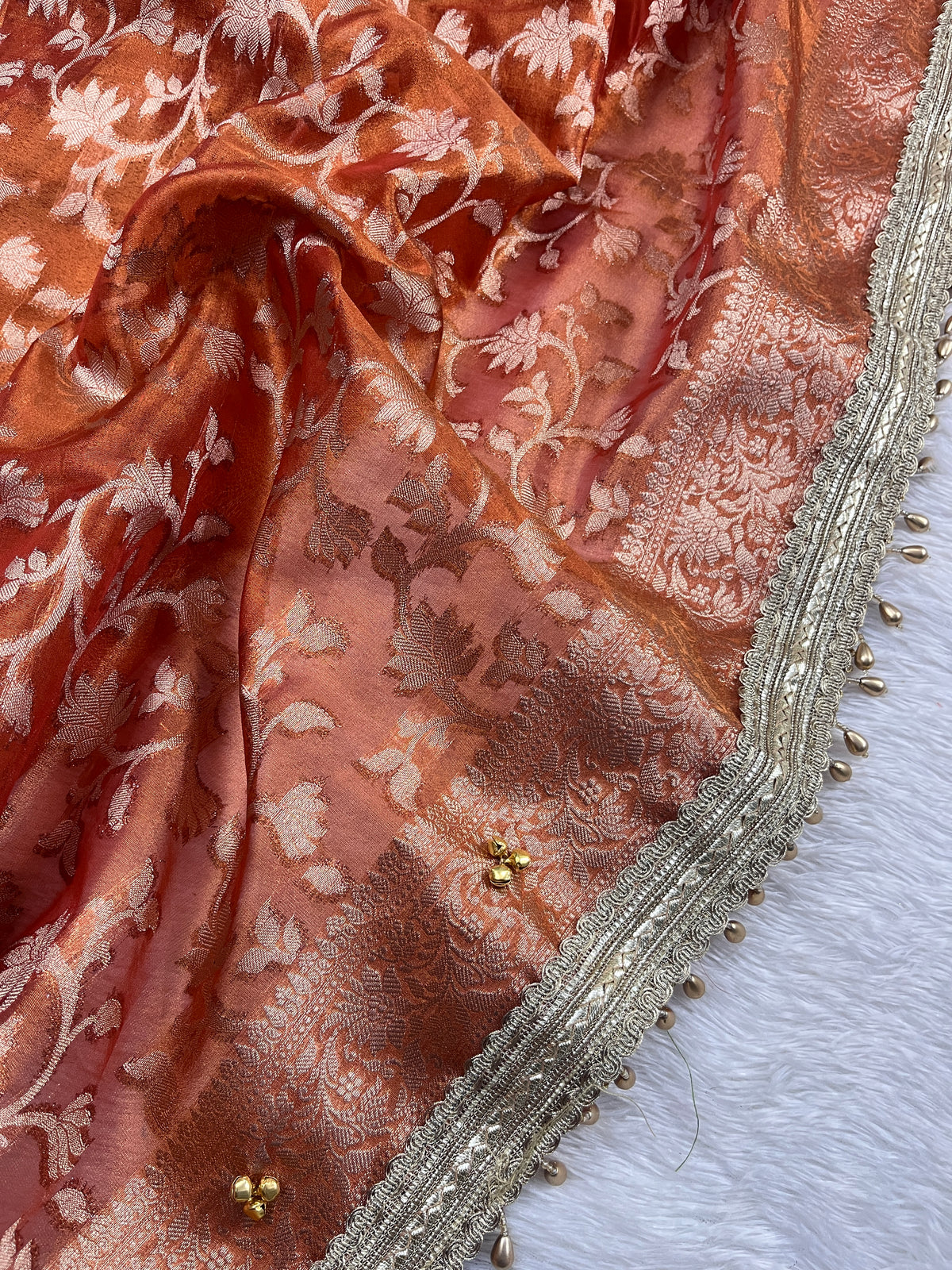 Orange Tissue Silk Saree With Ghungroo & Designer Border Lace Saree