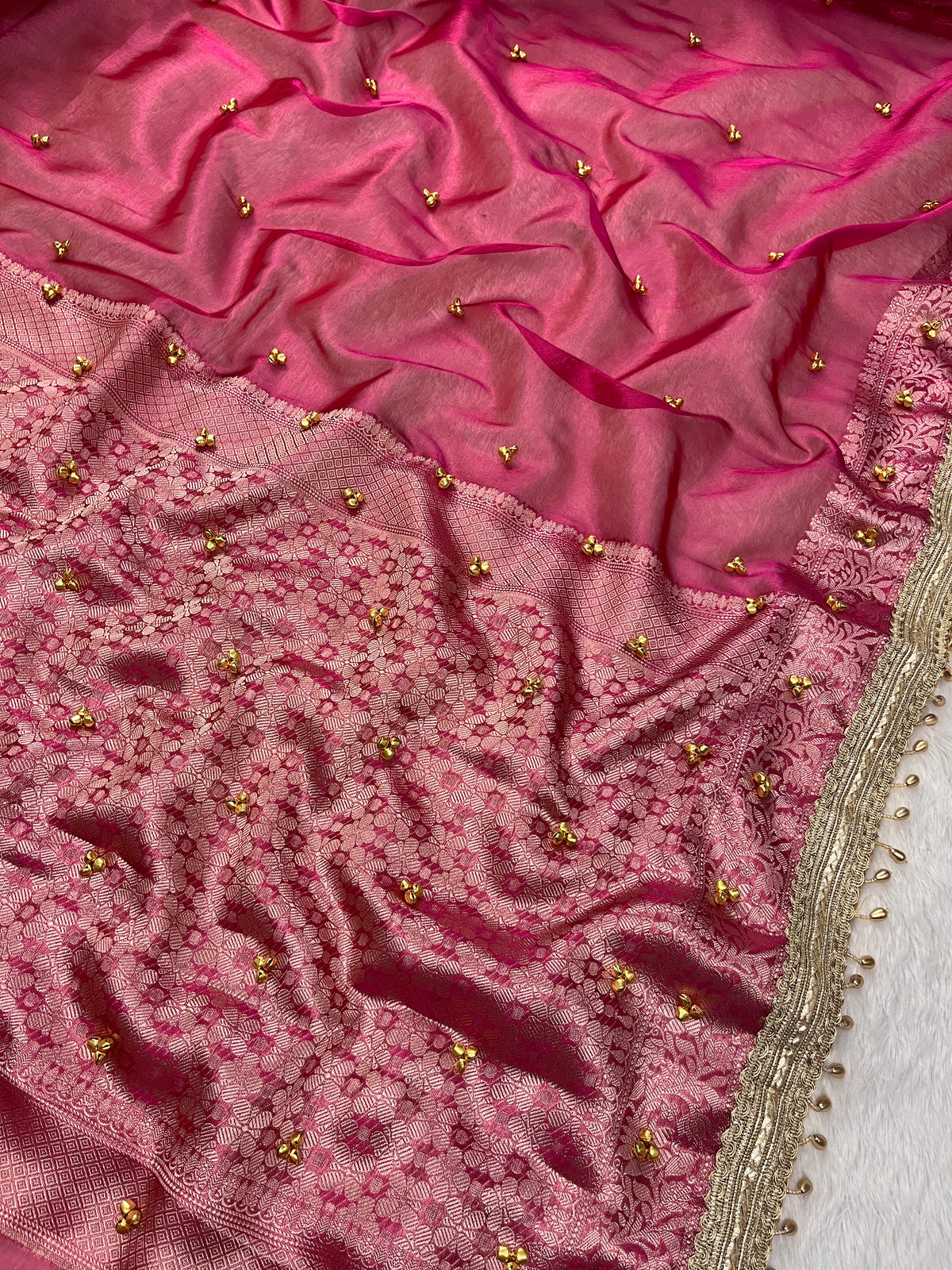 Magenta Pink Tissue Silk Saree With Ghungroo & Designer Border Lace Saree