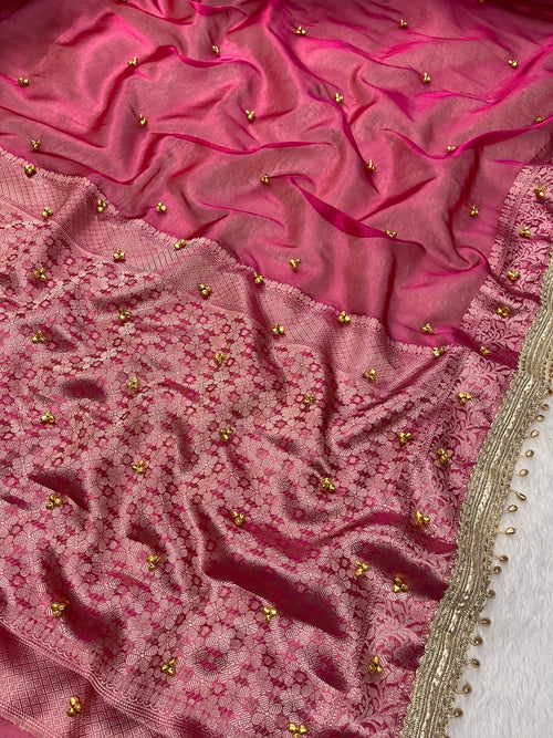 Magenta Pink Tissue Silk Saree With Ghungroo & Designer Border Lace Saree