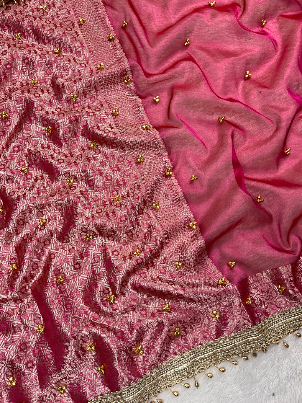 Magenta Pink Tissue Silk Saree With Ghungroo & Designer Border Lace Saree