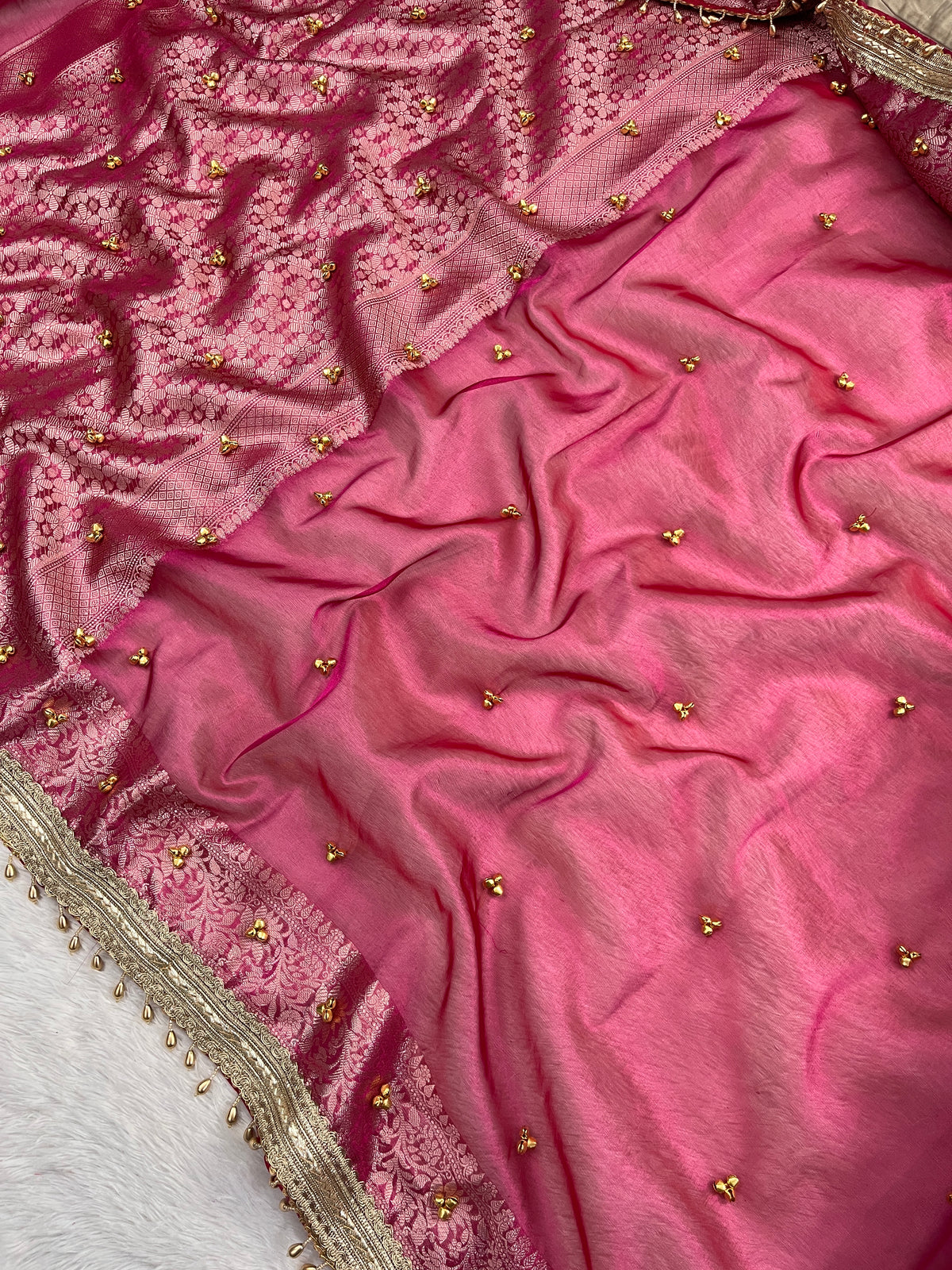 Magenta Pink Tissue Silk Saree With Ghungroo & Designer Border Lace Saree