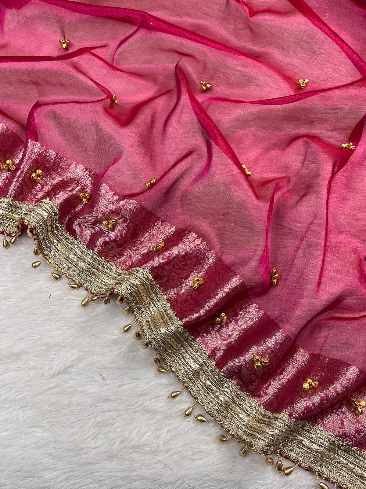 Magenta Pink Tissue Silk Saree With Ghungroo & Designer Border Lace Saree