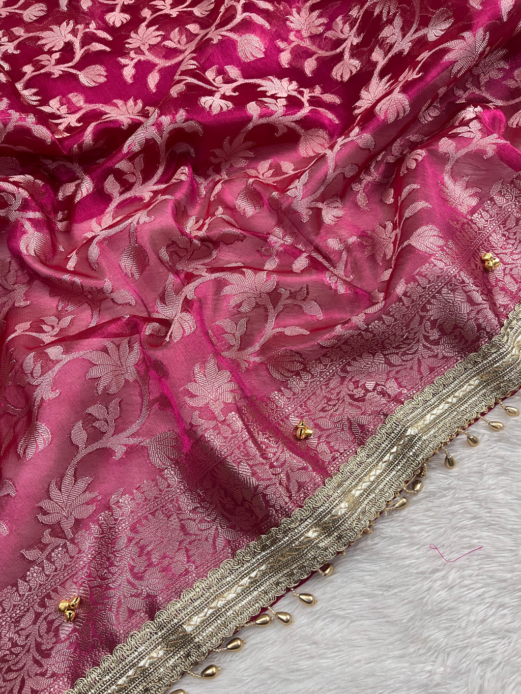 Magenta Pink Tissue Silk Saree With Ghungroo & Designer Border Lace Saree