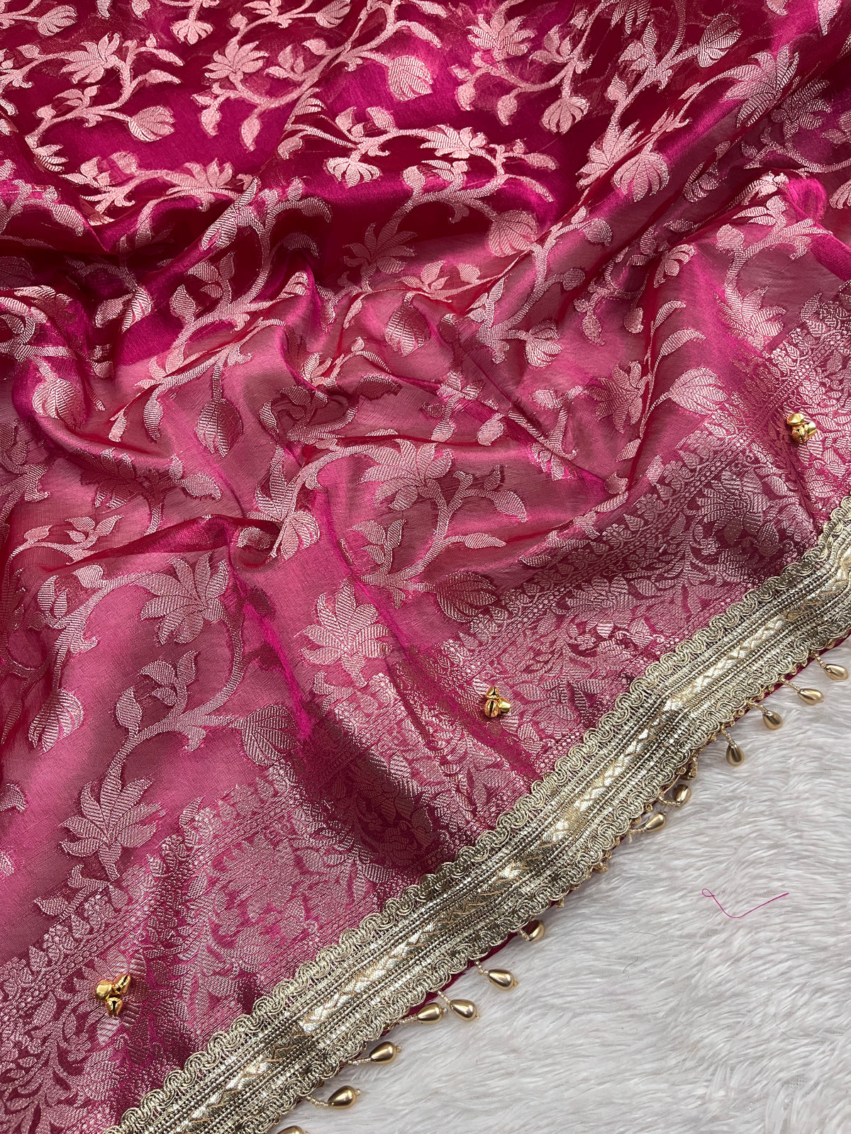 Magenta Pink Tissue Silk Saree With Ghungroo & Designer Border Lace Saree