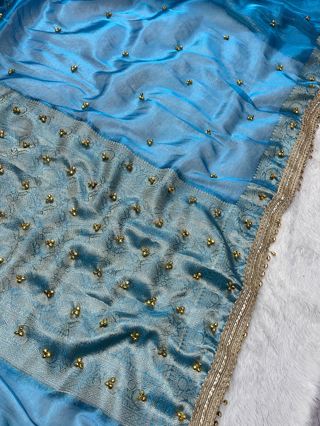 Sky Blue Tissue Silk Saree With Ghungroo & Designer Border Lace Saree
