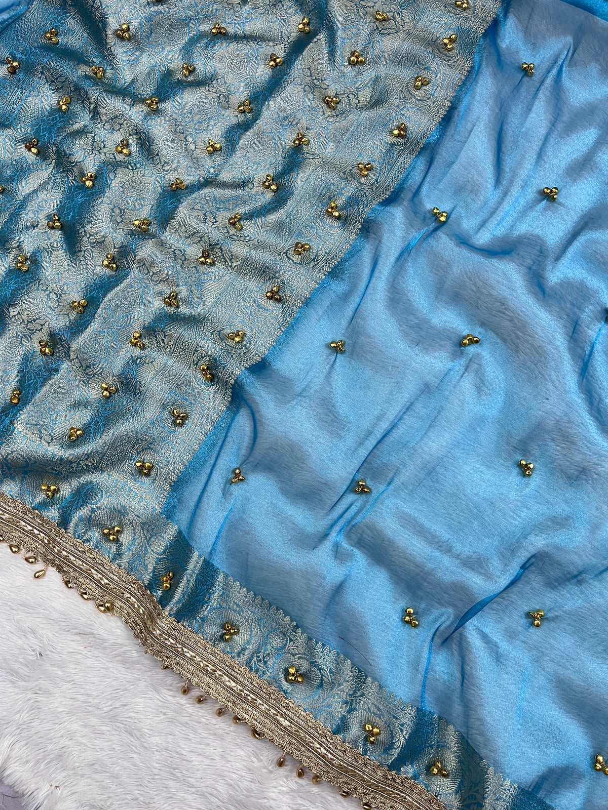 Sky Blue Tissue Silk Saree With Ghungroo & Designer Border Lace Saree
