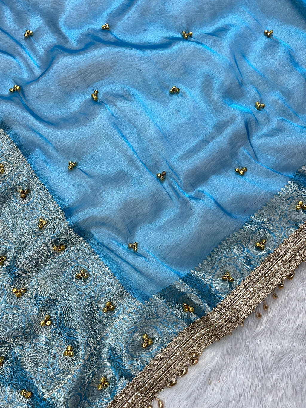 Sky Blue Tissue Silk Saree With Ghungroo & Designer Border Lace Saree