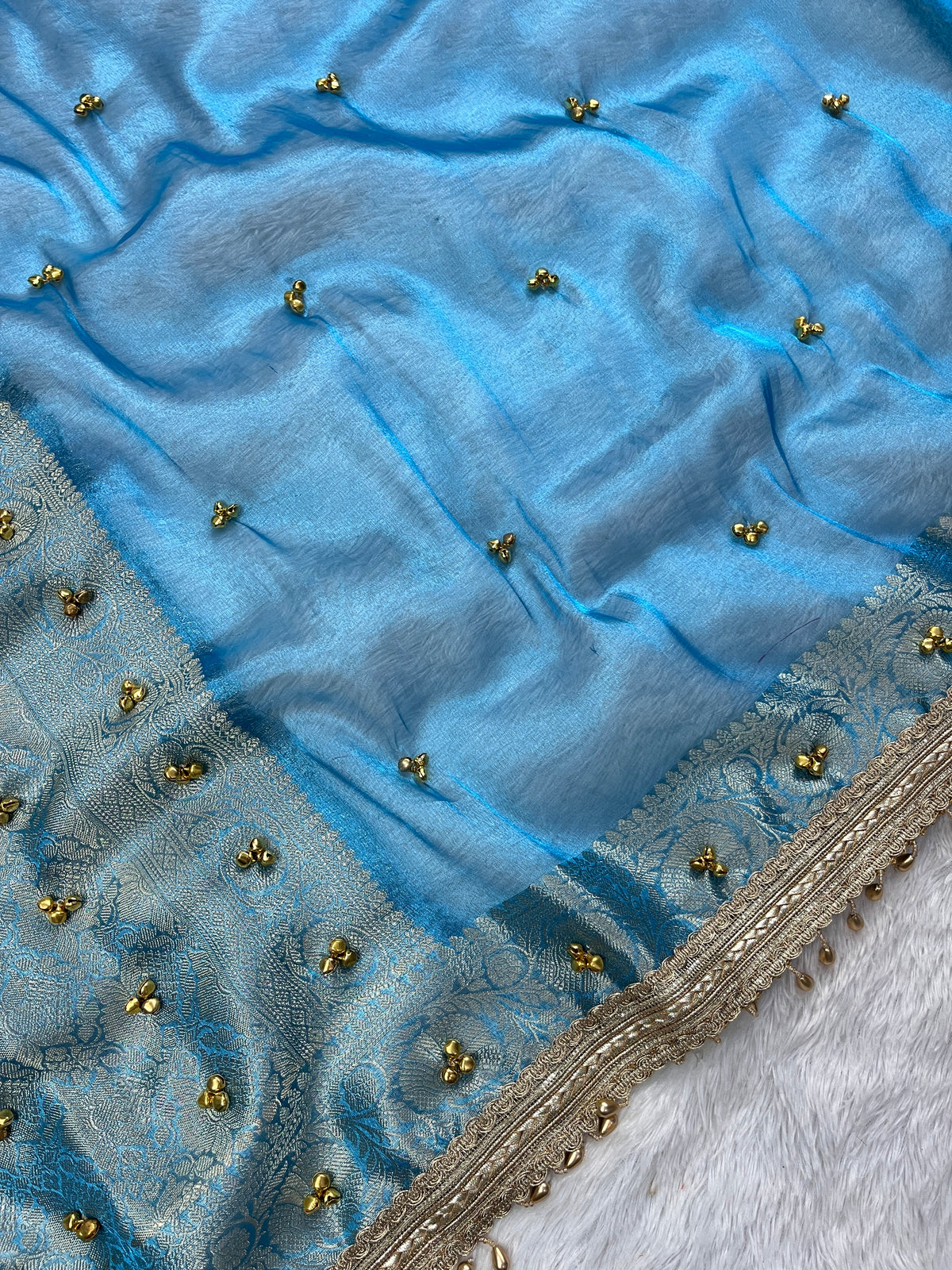 Sky Blue Tissue Silk Saree With Ghungroo & Designer Border Lace Saree