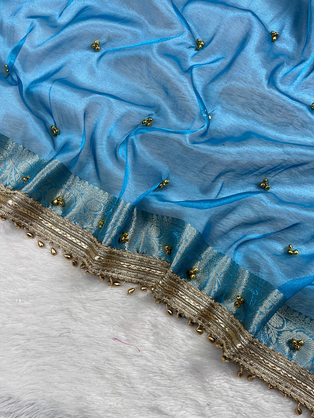 Sky Blue Tissue Silk Saree With Ghungroo & Designer Border Lace Saree