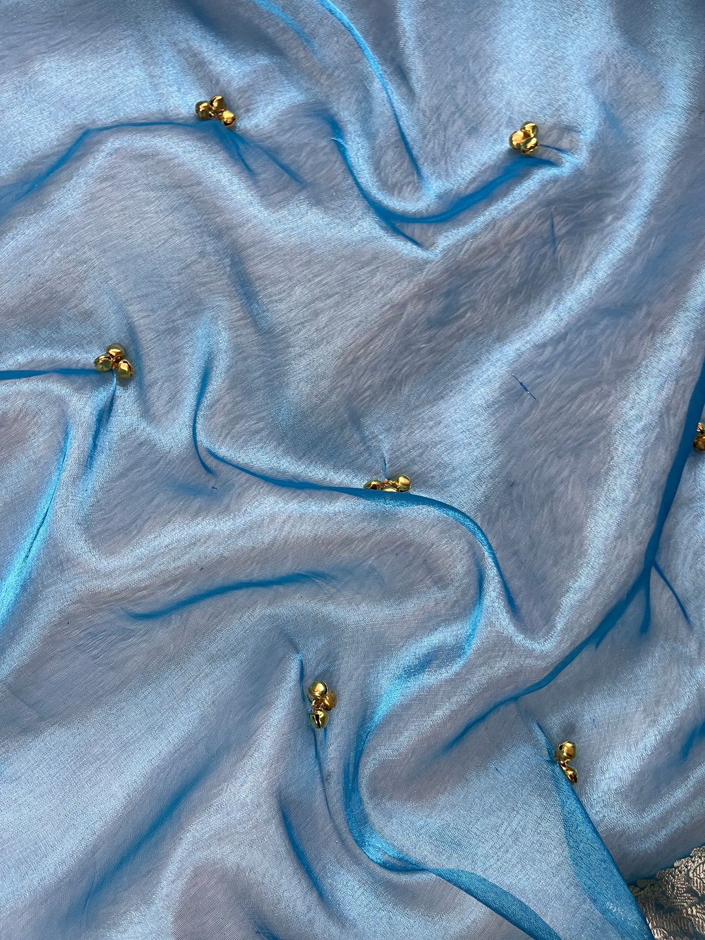 Sky Blue Tissue Silk Saree With Ghungroo & Designer Border Lace Saree