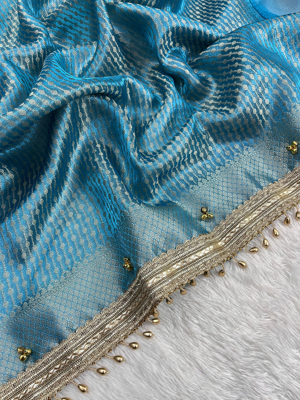Sky Blue Tissue Silk Saree With Ghungroo & Designer Border Lace Saree
