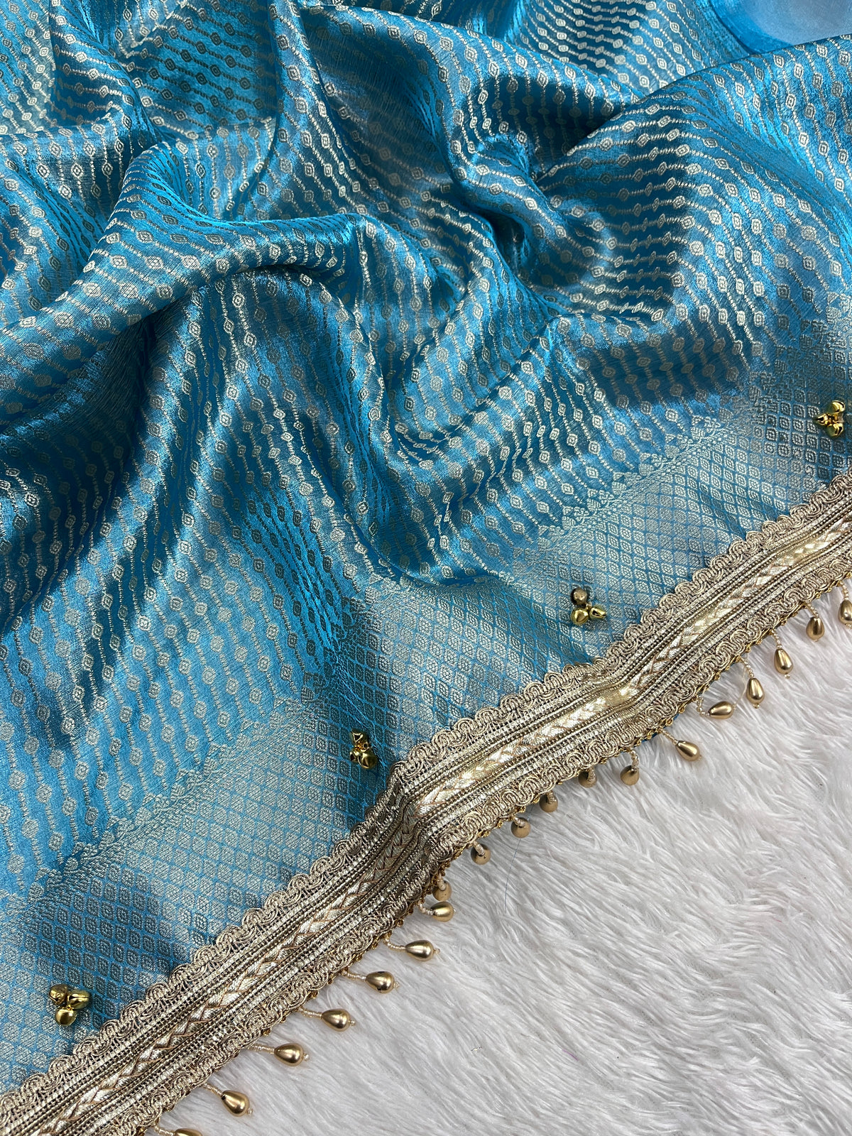 Sky Blue Tissue Silk Saree With Ghungroo & Designer Border Lace Saree