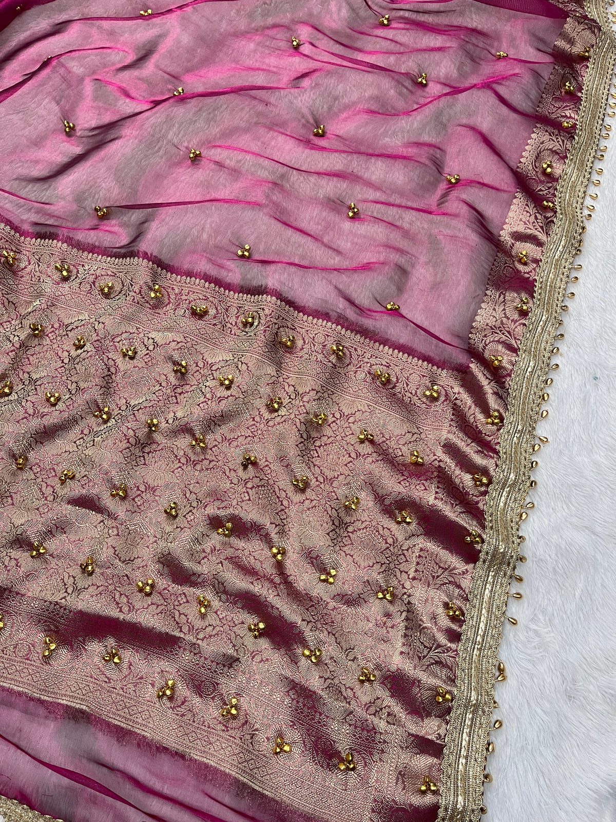 Wine Pink Tissue Silk Saree With Ghungroo & Designer Border Lace Saree