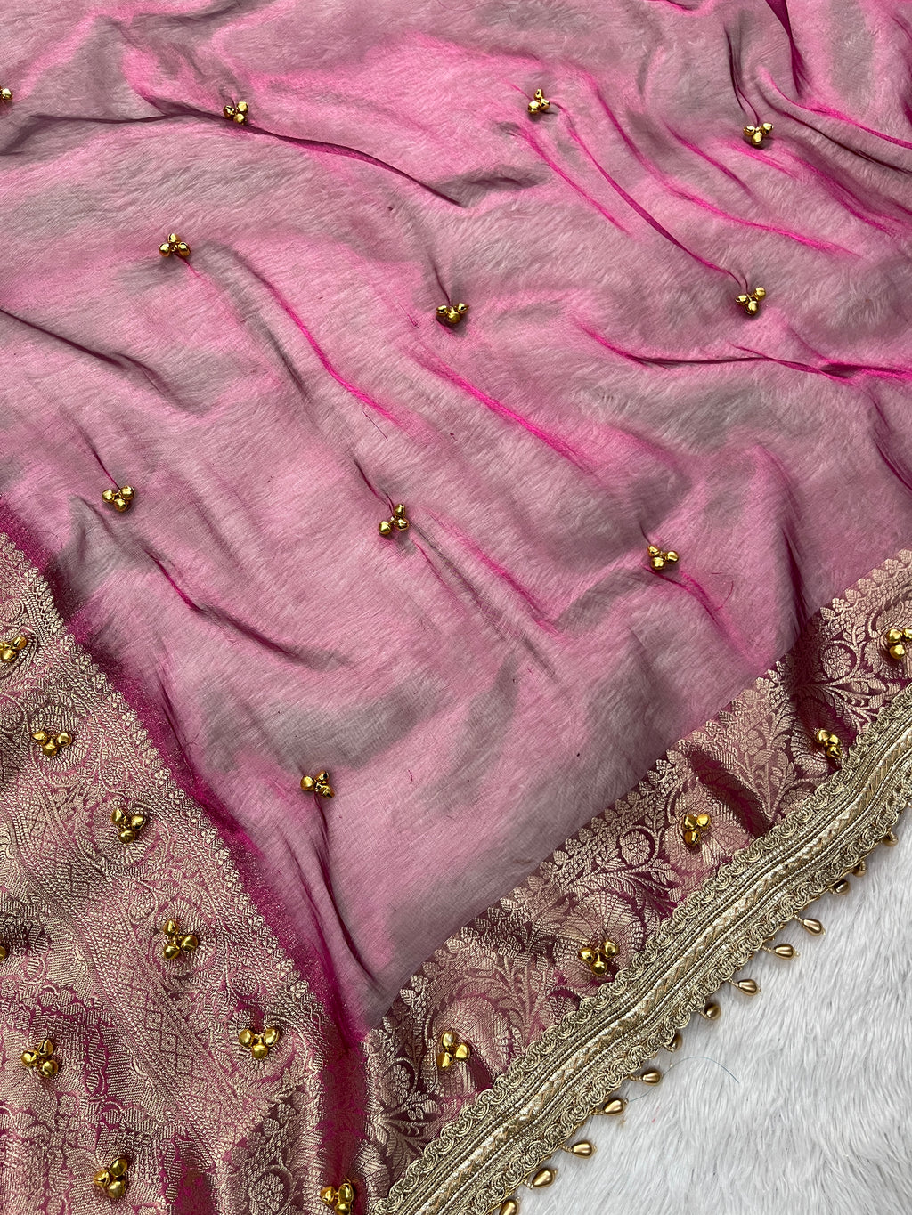Wine Pink Tissue Silk Saree With Ghungroo & Designer Border Lace Saree
