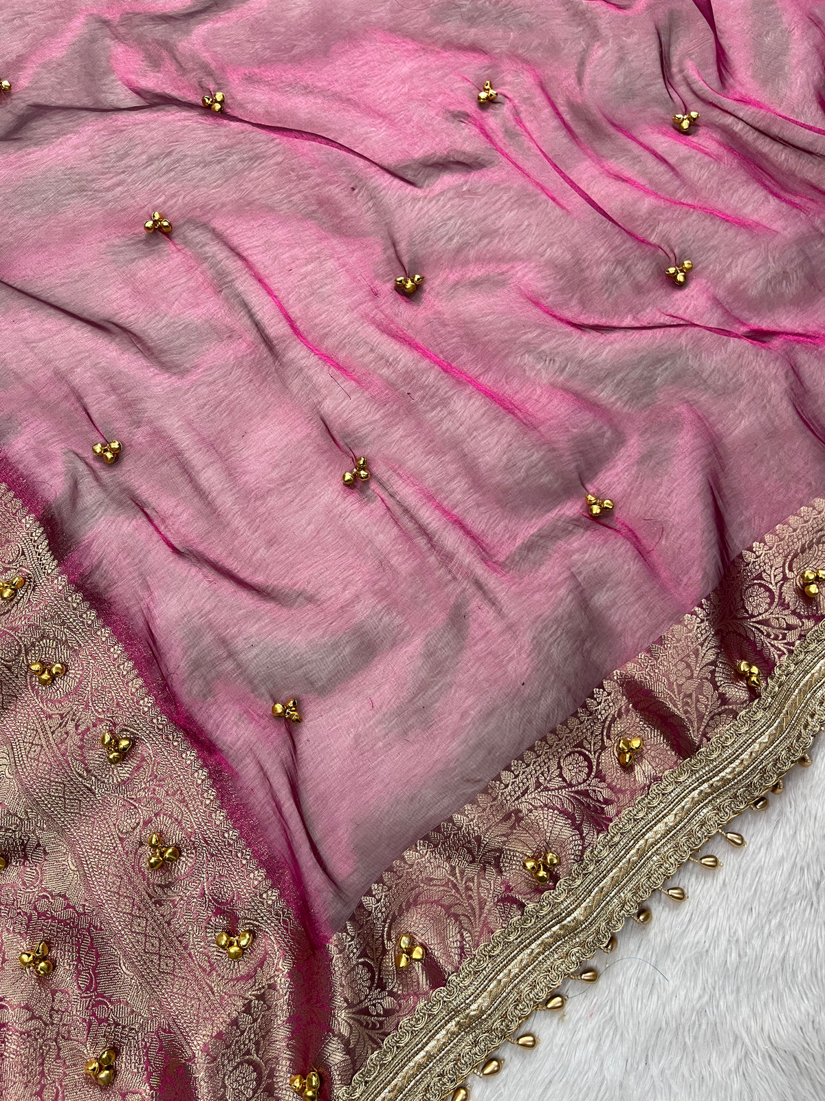 Wine Pink Tissue Silk Saree With Ghungroo & Designer Border Lace Saree