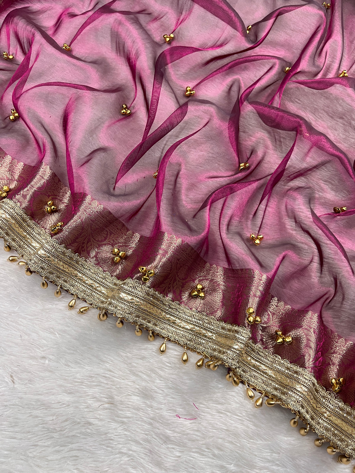 Wine Pink Tissue Silk Saree With Ghungroo & Designer Border Lace Saree