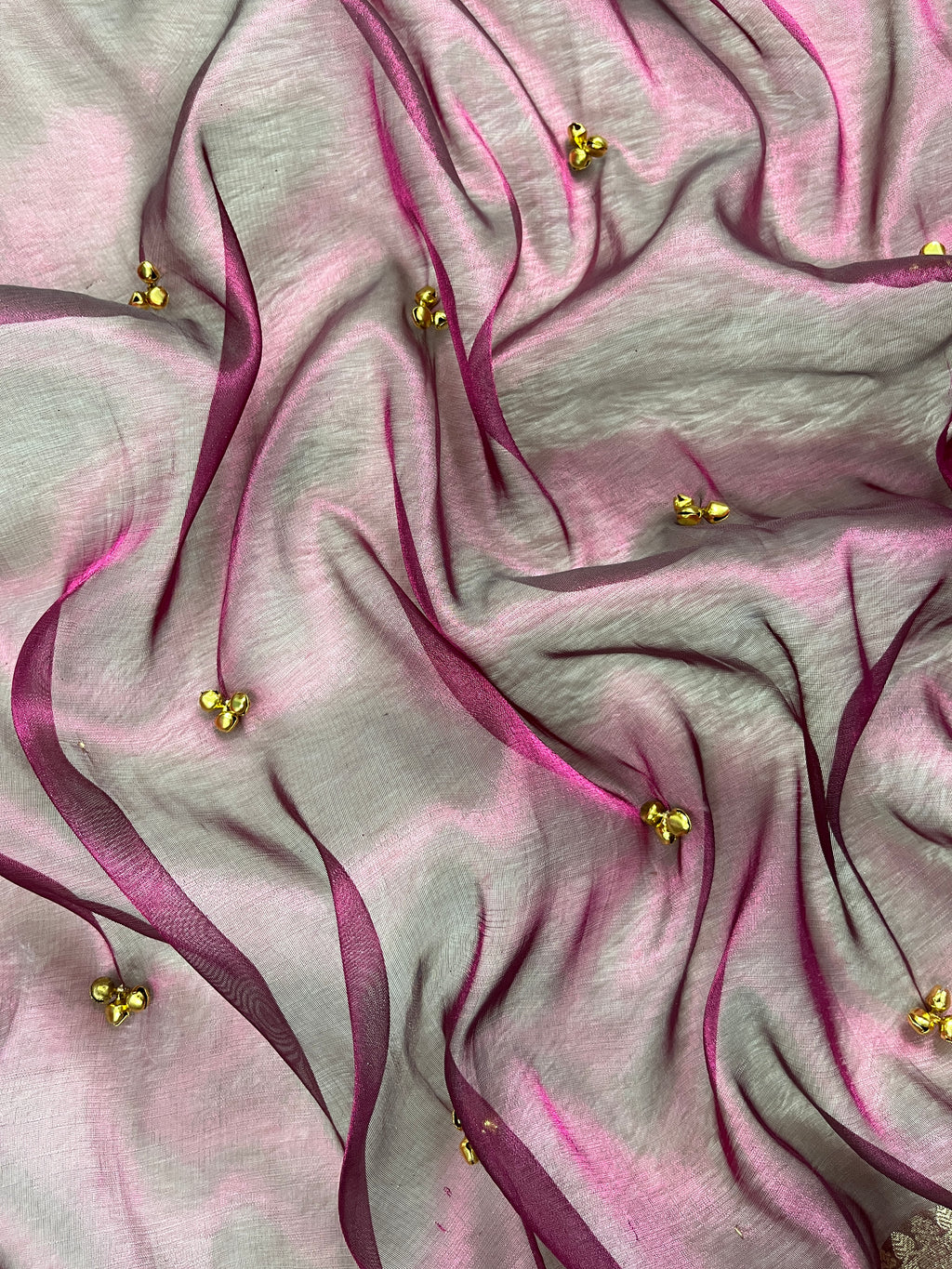 Wine Pink Tissue Silk Saree With Ghungroo & Designer Border Lace Saree