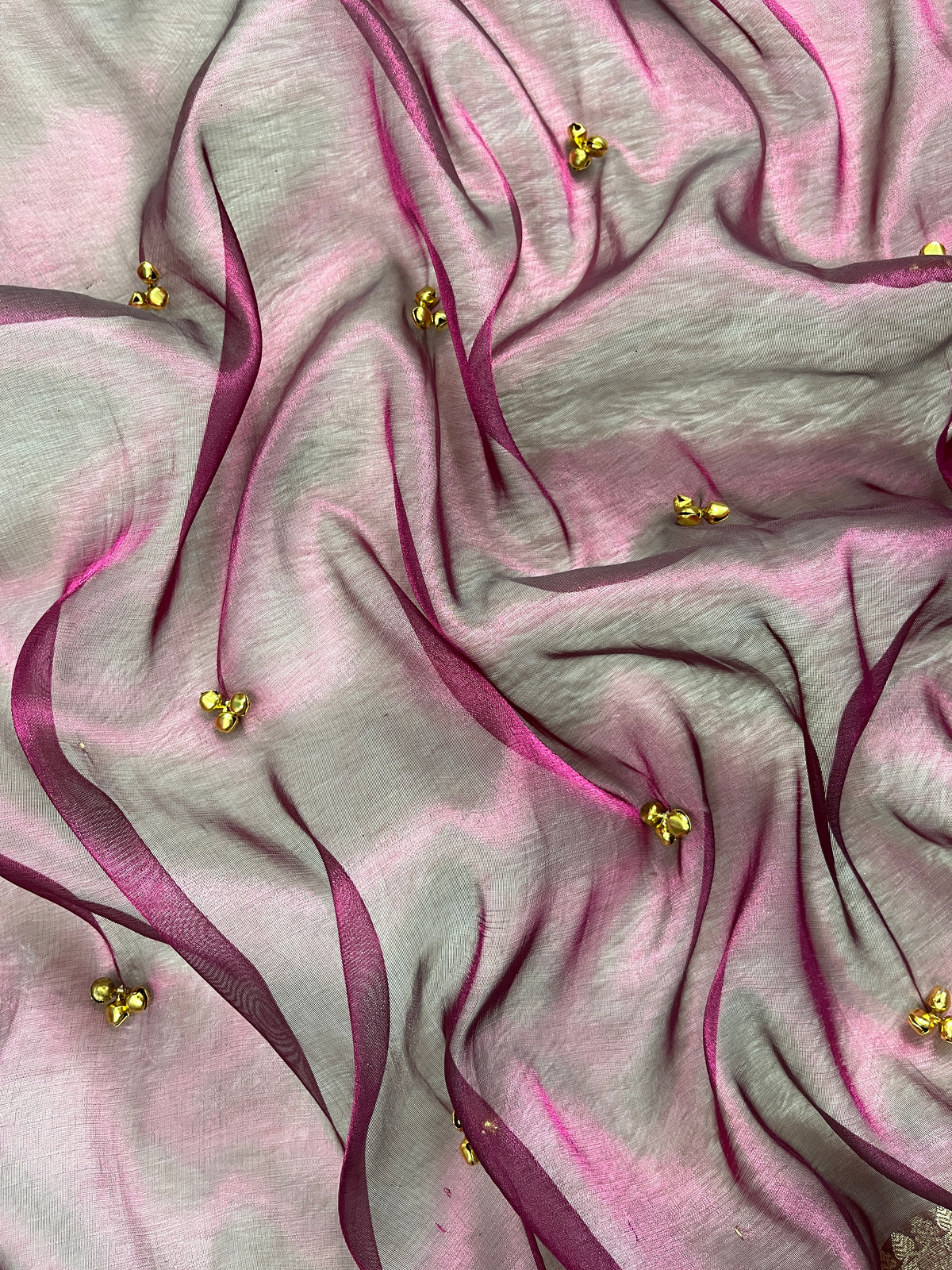 Wine Pink Tissue Silk Saree With Ghungroo & Designer Border Lace Saree