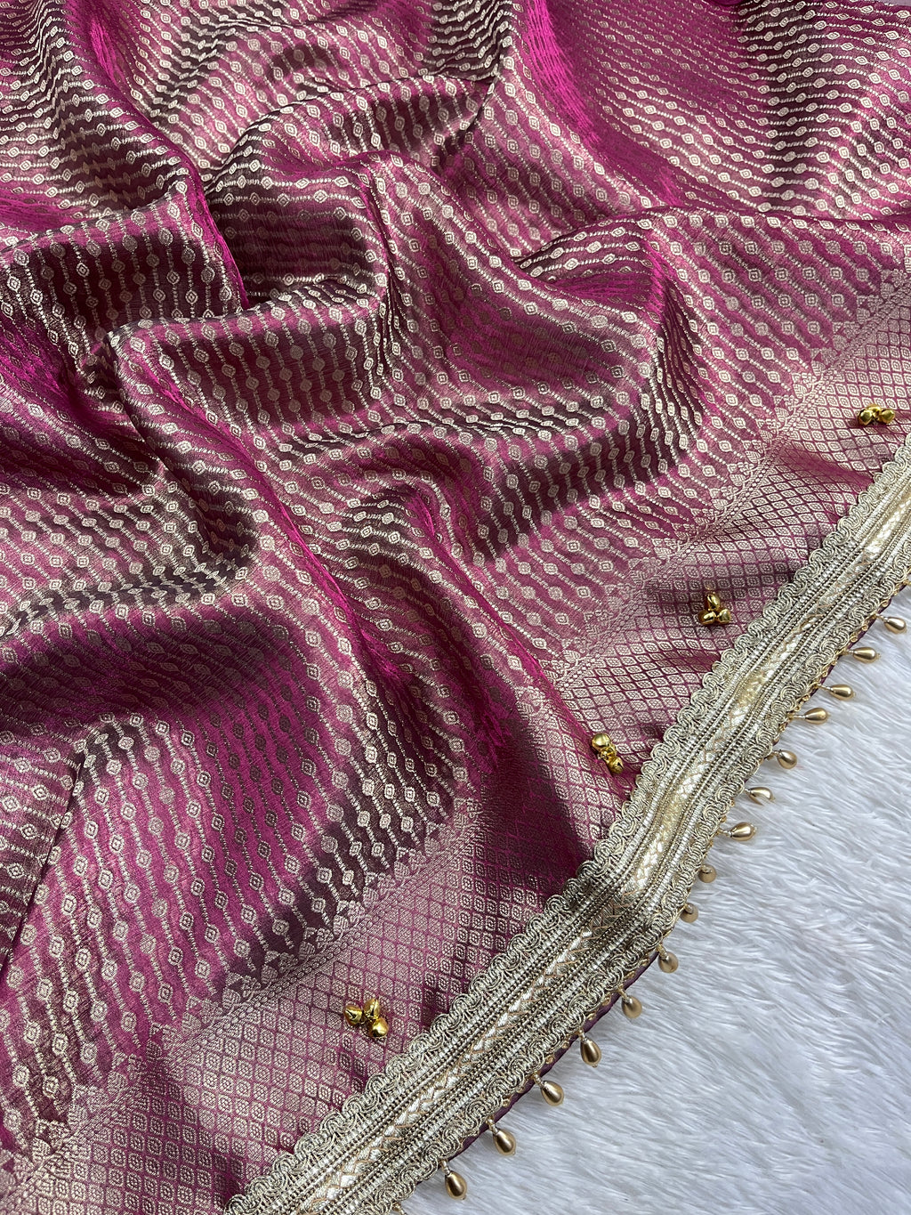 Wine Pink Tissue Silk Saree With Ghungroo & Designer Border Lace Saree