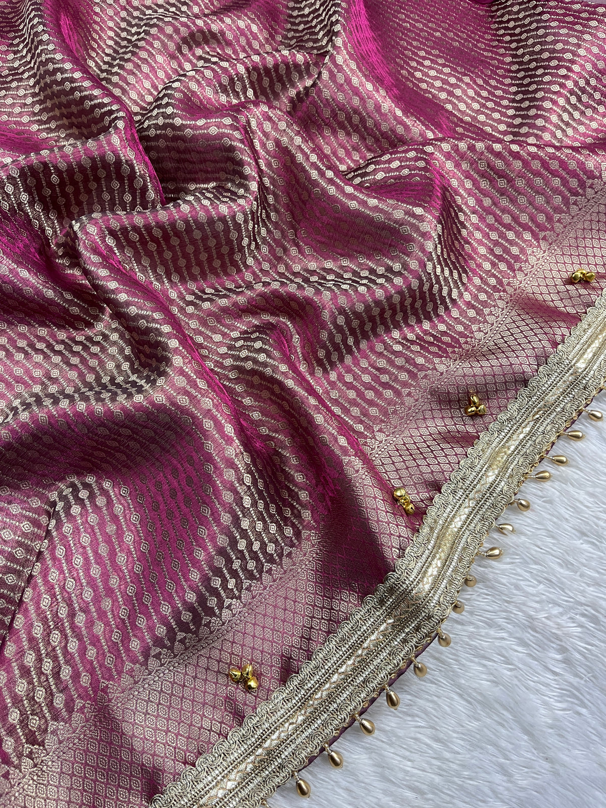 Wine Pink Tissue Silk Saree With Ghungroo & Designer Border Lace Saree