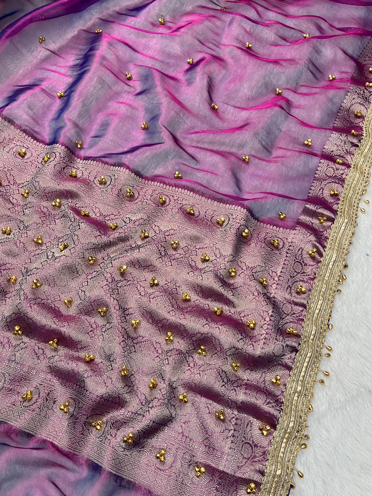 Lavender Pink Tissue Silk Saree With Ghungroo & Designer Border Lace Saree