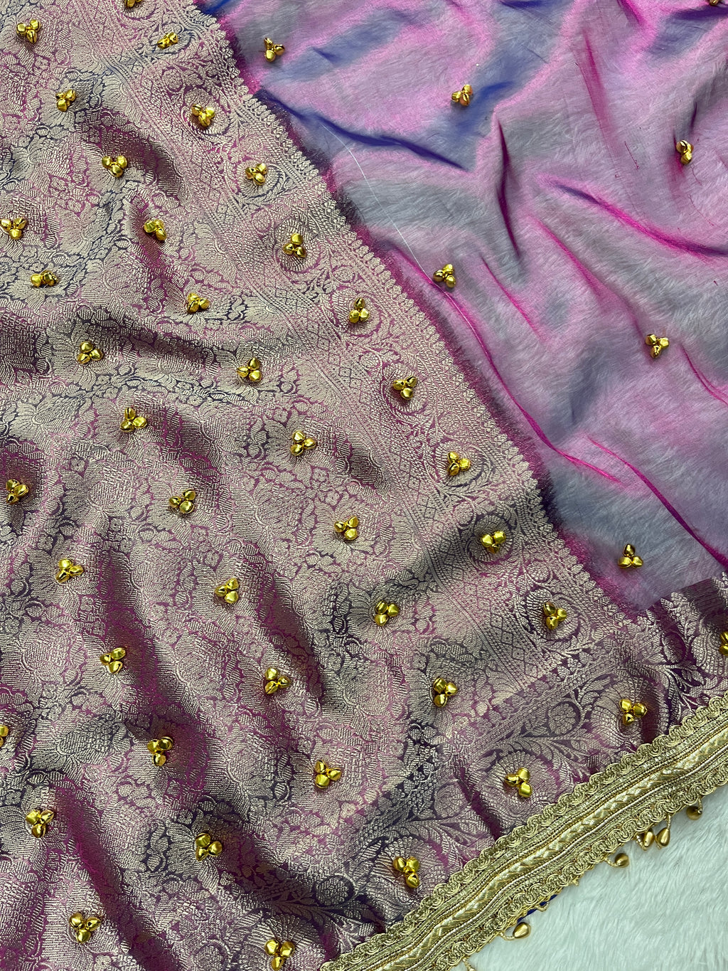 Lavender Pink Tissue Silk Saree With Ghungroo & Designer Border Lace Saree