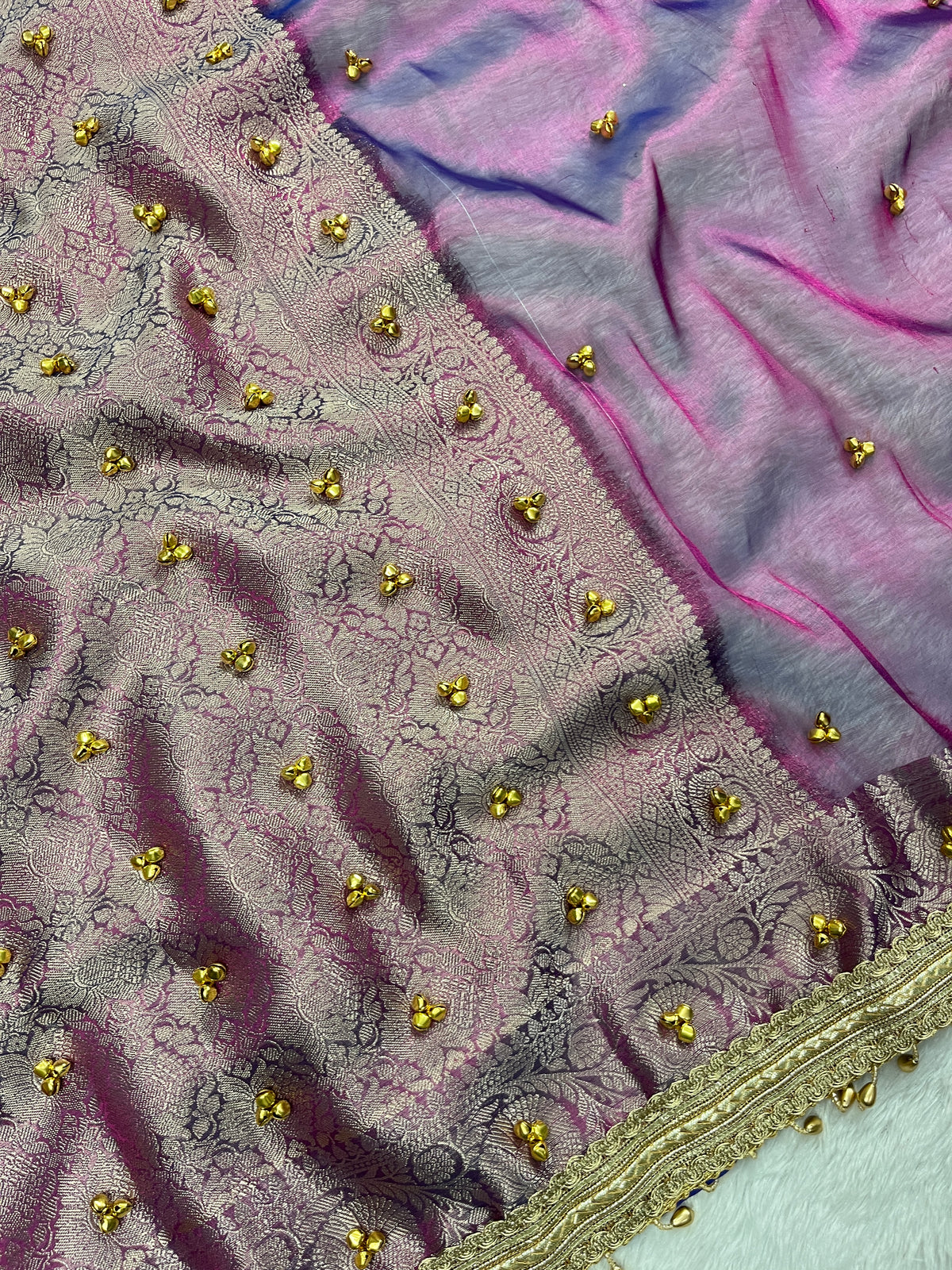 Lavender Pink Tissue Silk Saree With Ghungroo & Designer Border Lace Saree