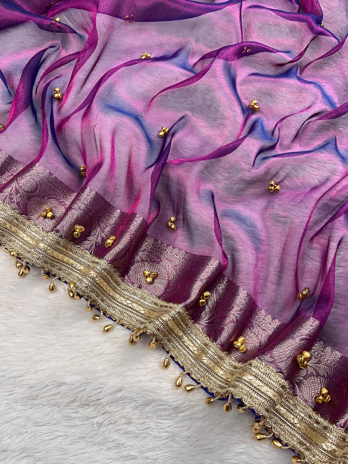 Lavender Pink Tissue Silk Saree With Ghungroo & Designer Border Lace Saree