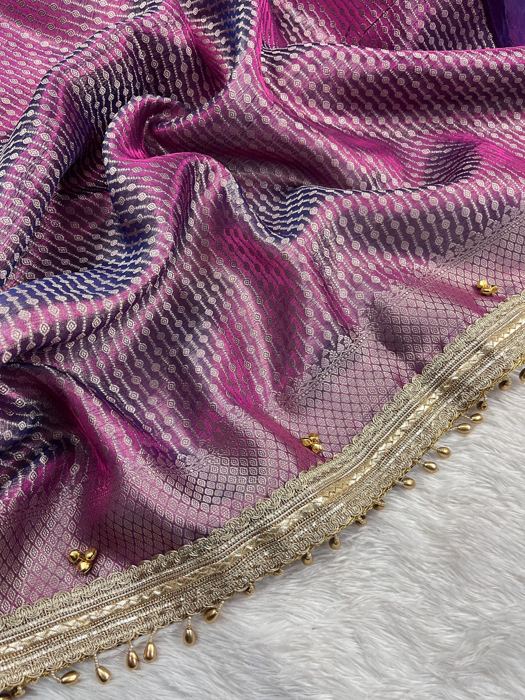 Lavender Pink Tissue Silk Saree With Ghungroo & Designer Border Lace Saree