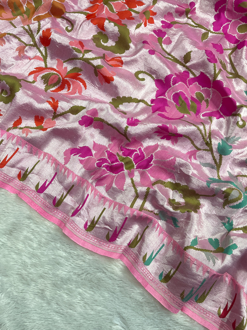 Pink Handloom Pure Tussar Georgette Brocade Paithani Saree
