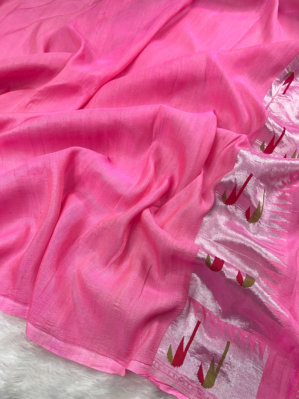 Pink Handloom Pure Tussar Georgette Brocade Paithani Saree