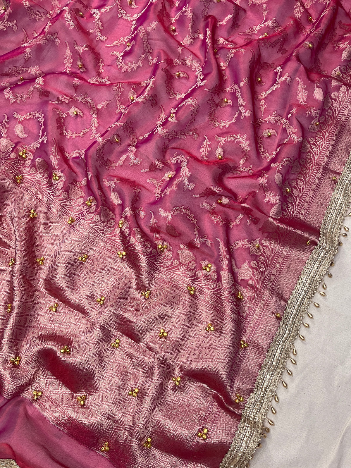 Soft Rose Pink Tissue Silk Saree With Ghungroo & Designer Border Lace Saree