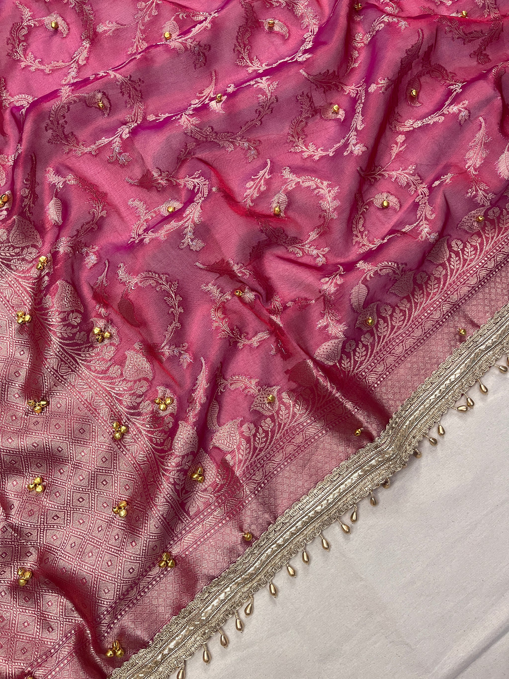Soft Rose Pink Tissue Silk Saree With Ghungroo & Designer Border Lace Saree