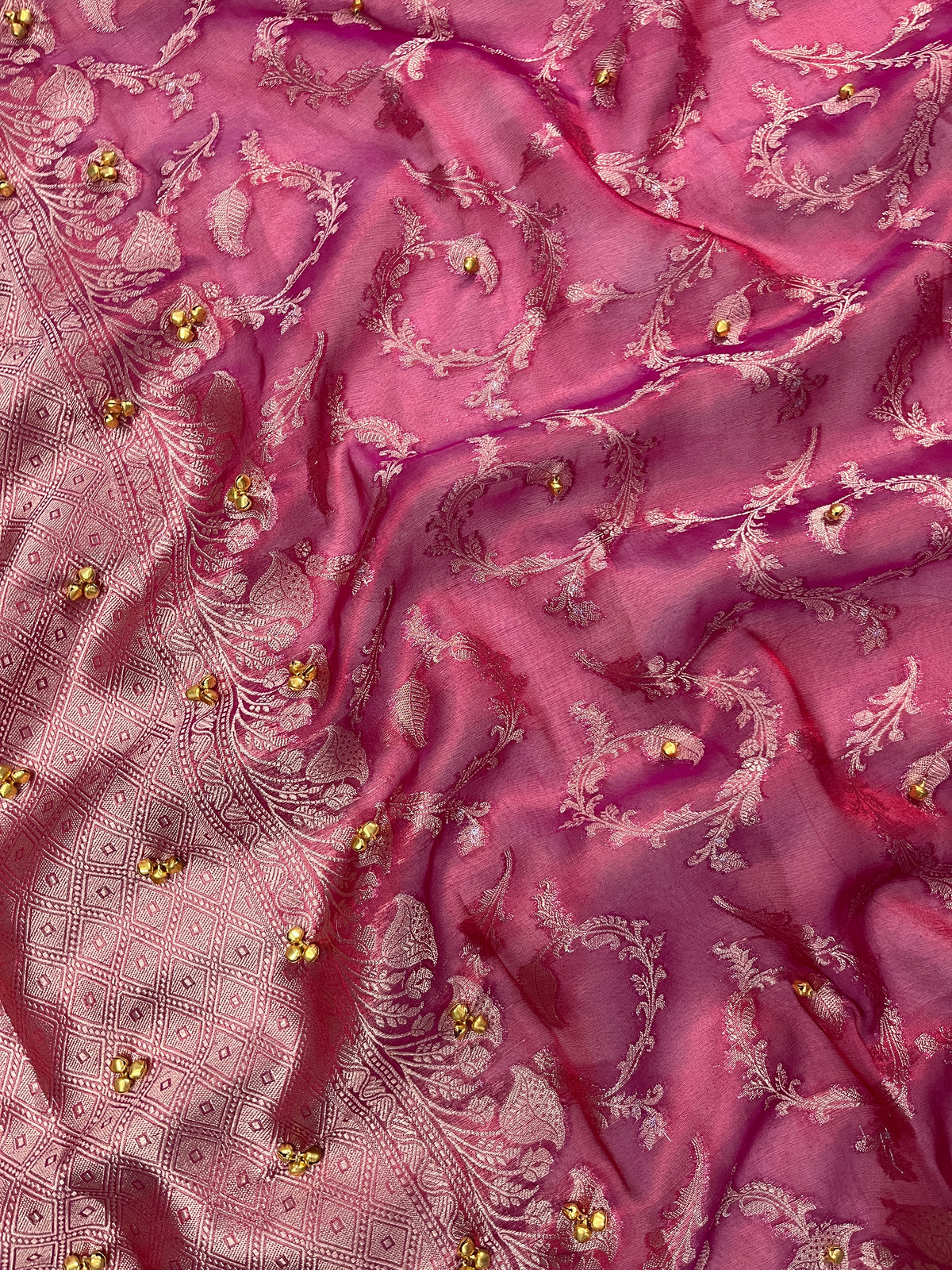 Soft Rose Pink Tissue Silk Saree With Ghungroo & Designer Border Lace Saree