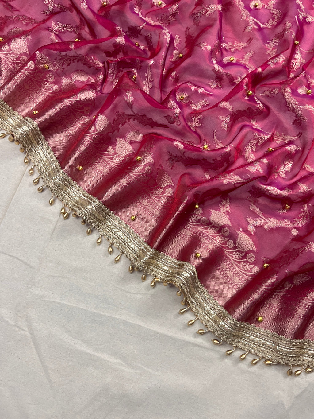 Soft Rose Pink Tissue Silk Saree With Ghungroo & Designer Border Lace Saree