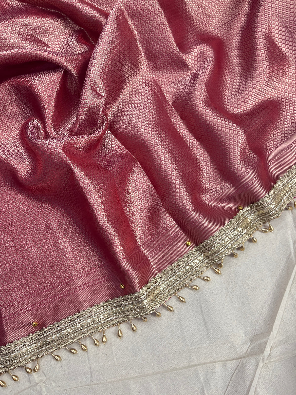 Soft Rose Pink Tissue Silk Saree With Ghungroo & Designer Border Lace Saree