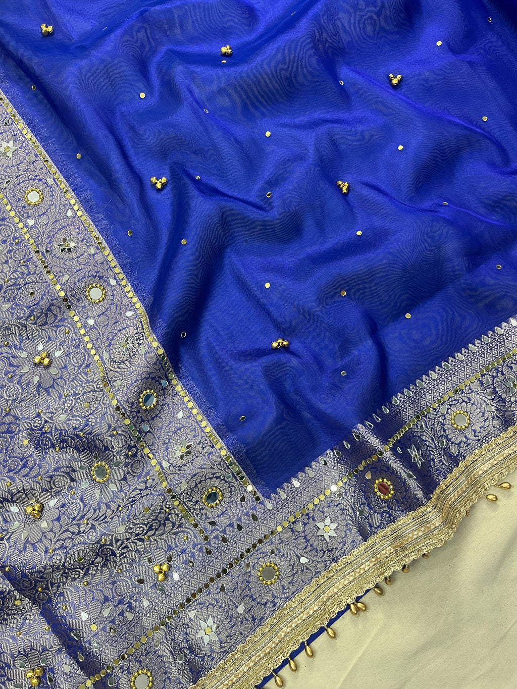 Royal Blue Tissue Silk Saree With Ghungroo & Mirror Work Designer Border Lace Saree