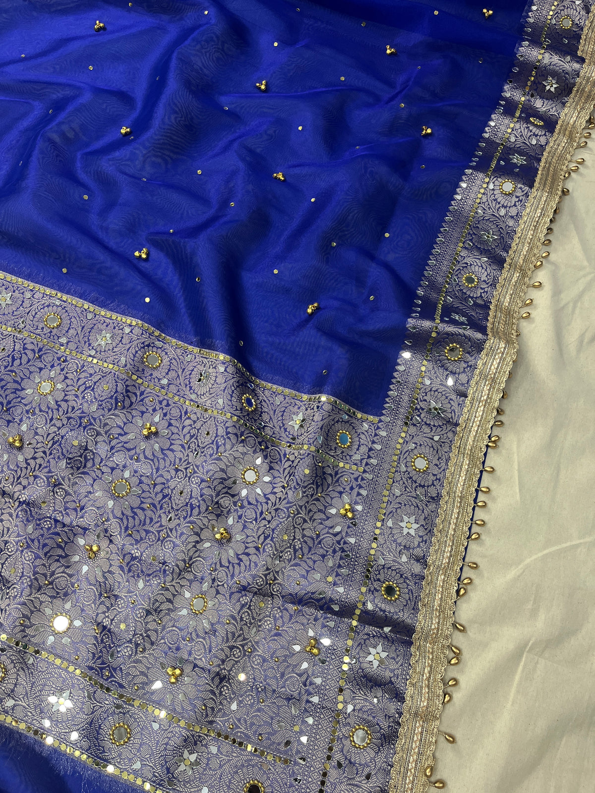 Royal Blue Tissue Silk Saree With Ghungroo & Mirror Work Designer Border Lace Saree