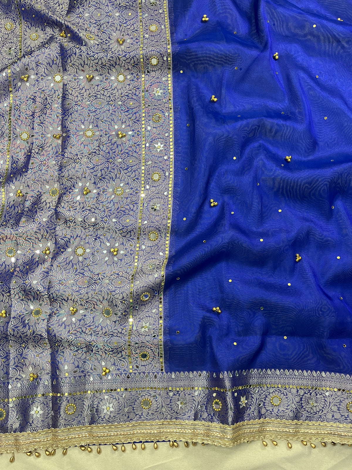 Royal Blue Tissue Silk Saree With Ghungroo & Mirror Work Designer Border Lace Saree