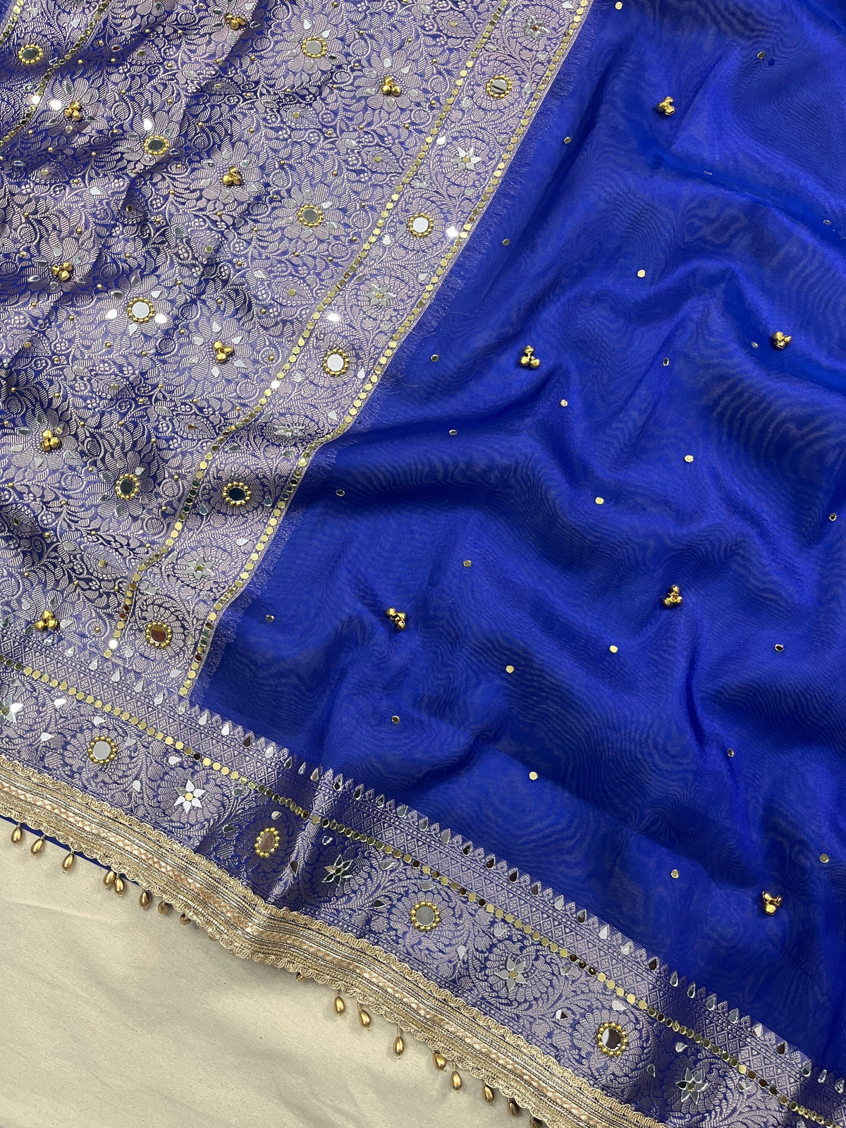 Royal Blue Tissue Silk Saree With Ghungroo & Mirror Work Designer Border Lace Saree