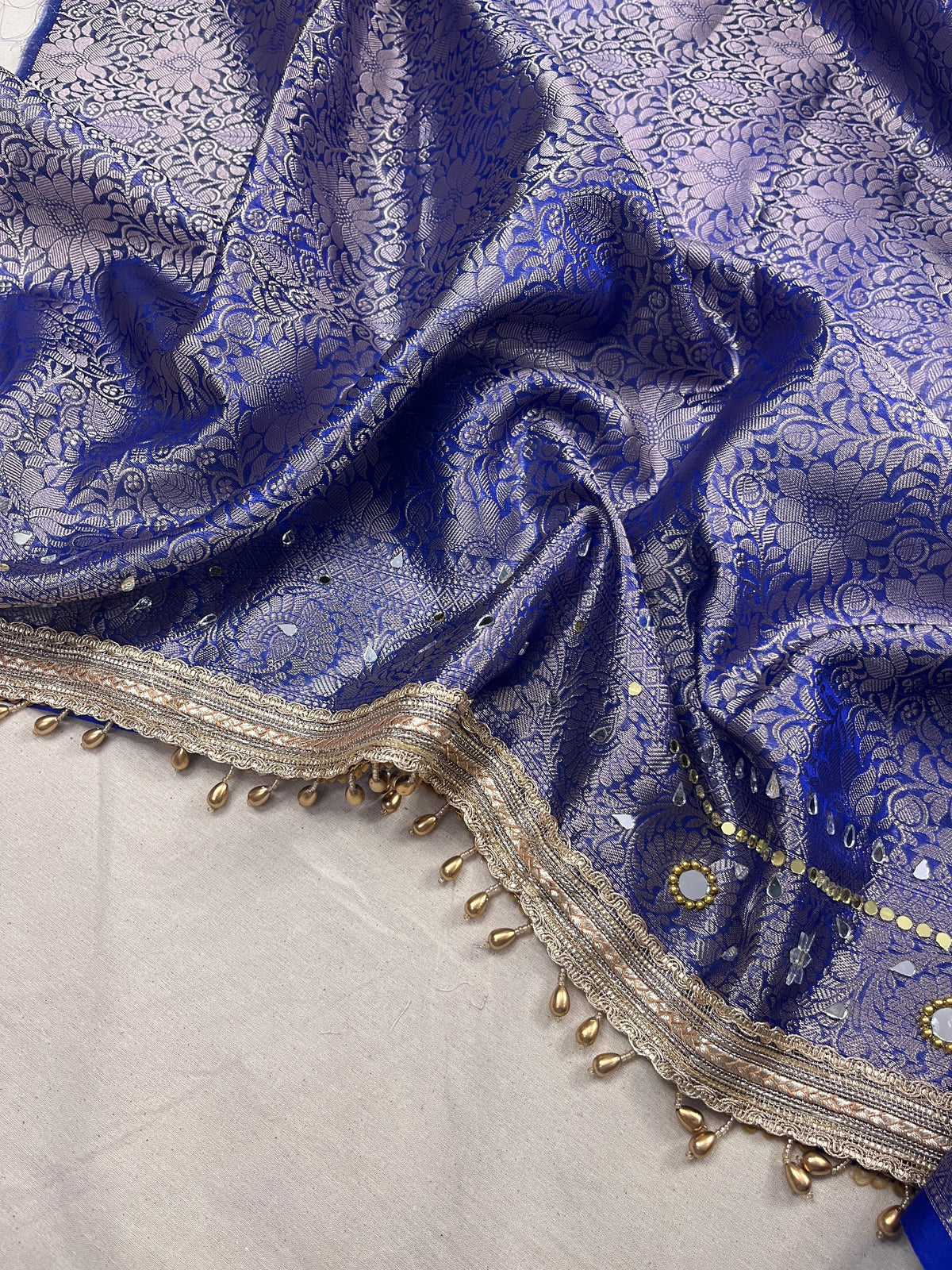 Royal Blue Tissue Silk Saree With Ghungroo & Mirror Work Designer Border Lace Saree